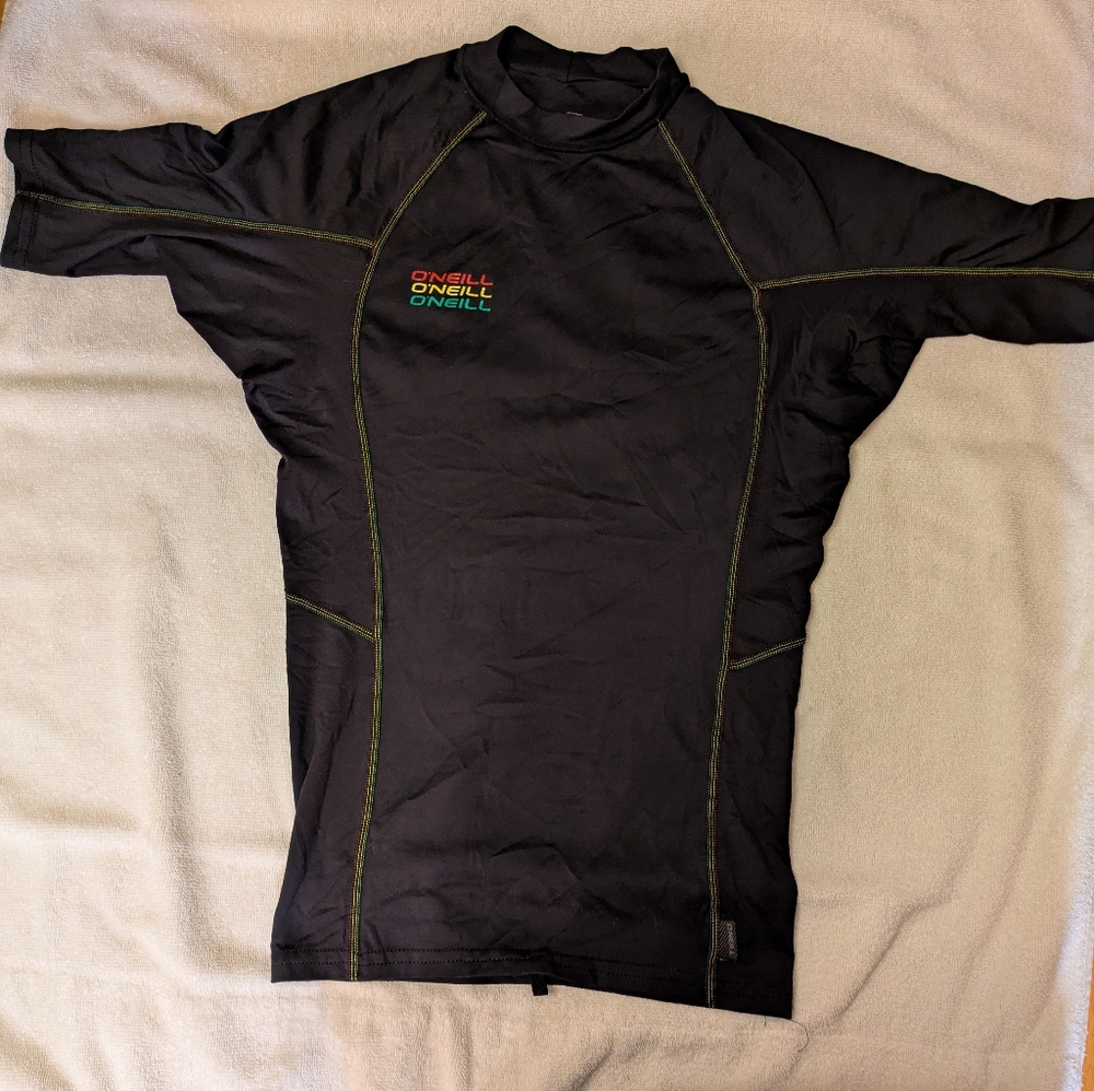 O'Neill Child/Pre-Teen Small  Black Rash Guard with Yellow Red And Green Accents